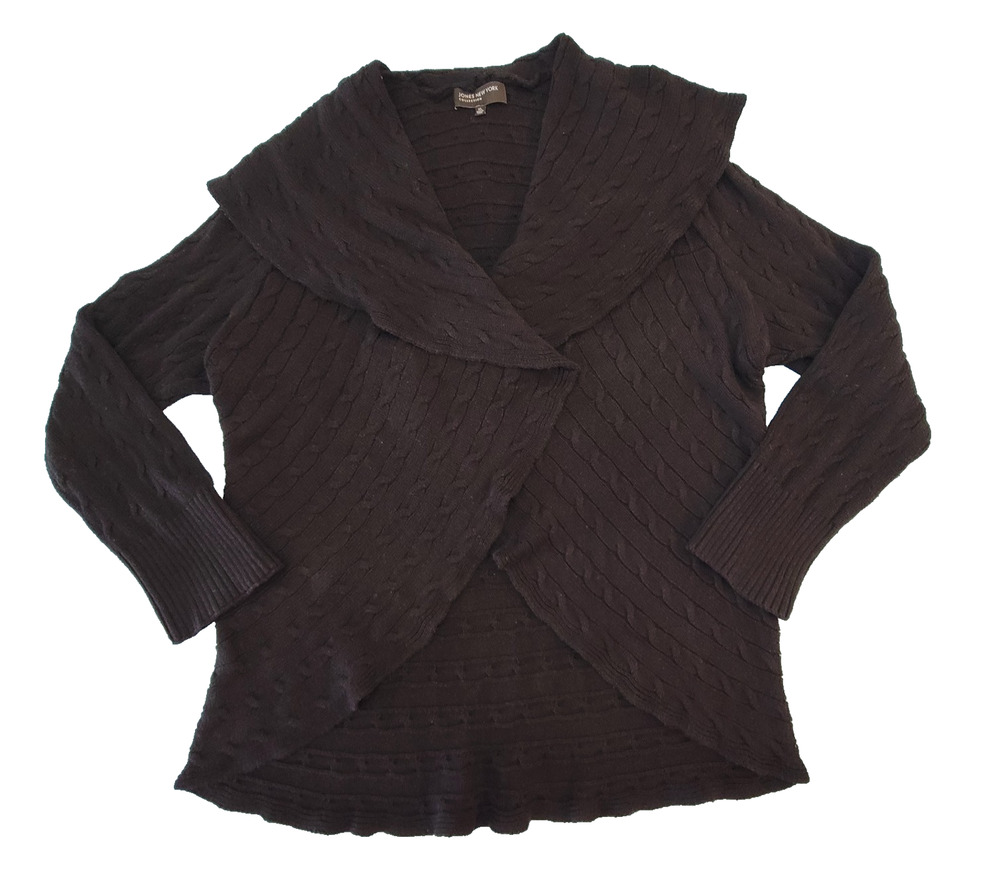 Jones New York Collection XL Black Cable Knit Sweater Shawl Collar Cozy Cardigan